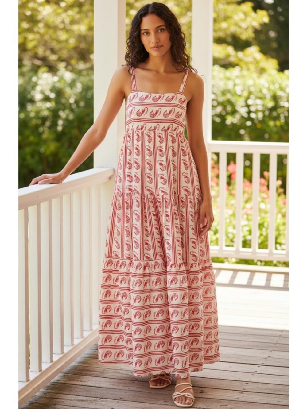 Bow Tie-Shoulder Sleeveless Square Neck Smocked Back Tiered A-line Maxi Dress